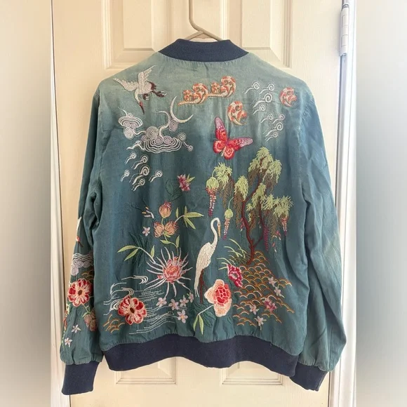 Johnny Was Heron Embroidered Silk Lined Bomber Jacket - XS - Picture 2 of 5